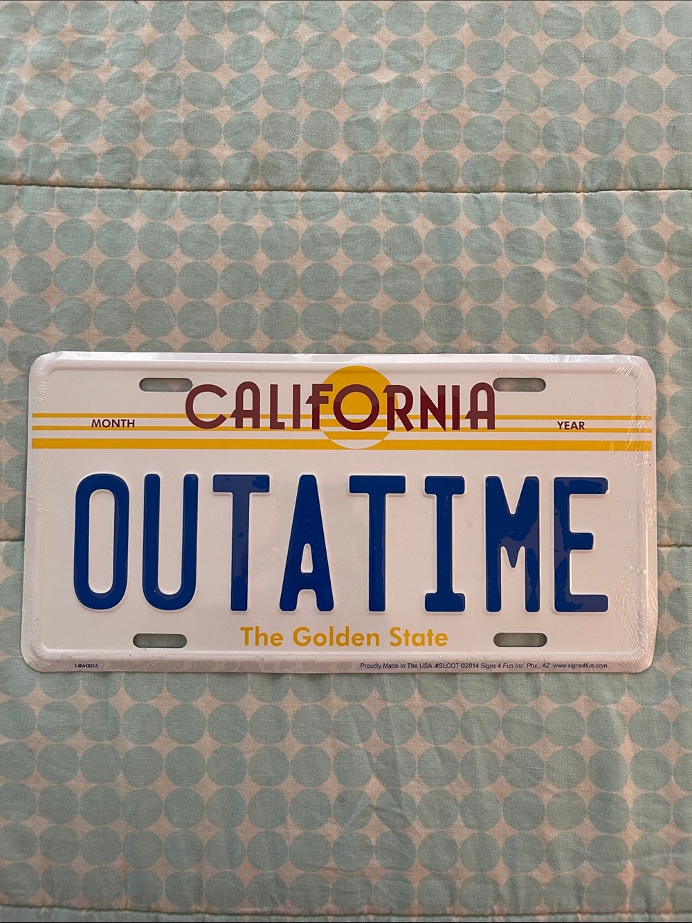 Back to the Future California OUTATIME License Plate Sign - White, Blue, Yellow